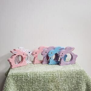 Set of 6 Hand Painted Wooden Bunny Napkin Rings Easter Table Decor